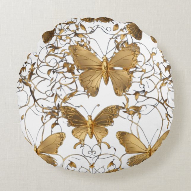 Redondo Cojín decorativo de mariposa dorada: (Anverso)
