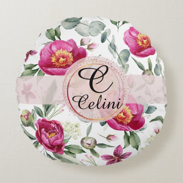 Redondo Cojín decorativo de patrón sin fisuras de flores d (Anverso)