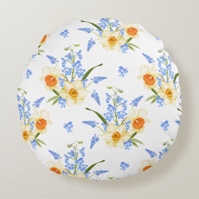 Redondo Cojín decorativo de Primavera Floral con Daffodis (Anverso)