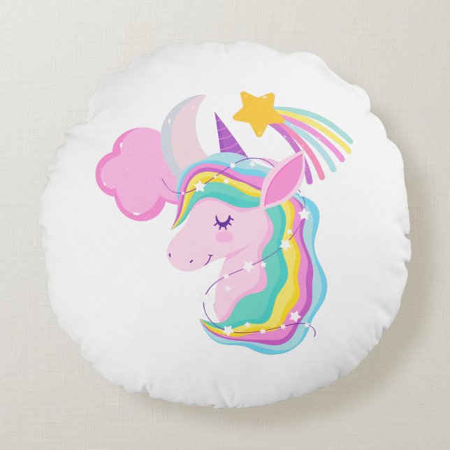 Redondo Cojín decorativo de unicornio arcoiris (Anverso)