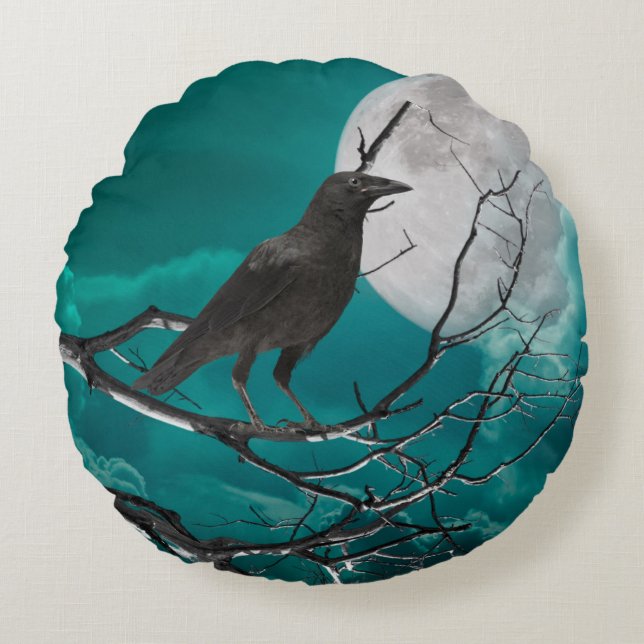 Redondo Cojín decorativo, el ravén en verde (Anverso)