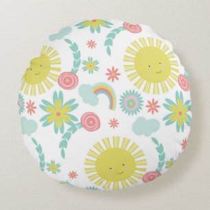 Redondo Cojín decorativo floral de arcoiris con sol suave