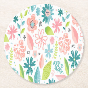 Redondo De Papel Posavasos Floral Rosa y Verde Turquesa