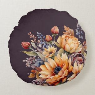 Redondo Flores de otoño acuáticas Cojín decorativo morado