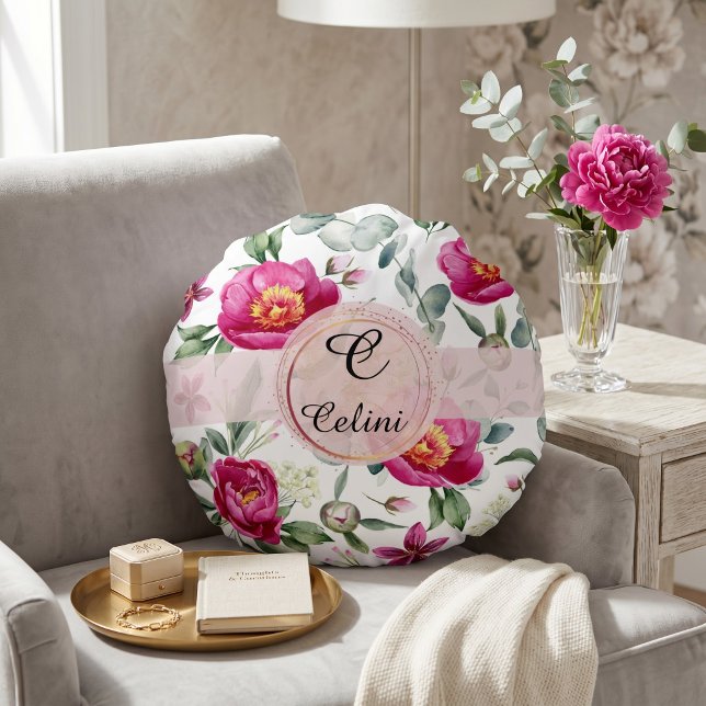 Redondo Fondo sin costuras de flores de peonía Cojín decor (Peony flower seamless pattern Throw Pillow)