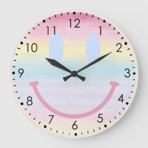 Redondo Grande Acuarela suave Pastel Arcoiris Sonrisa reloj de pa