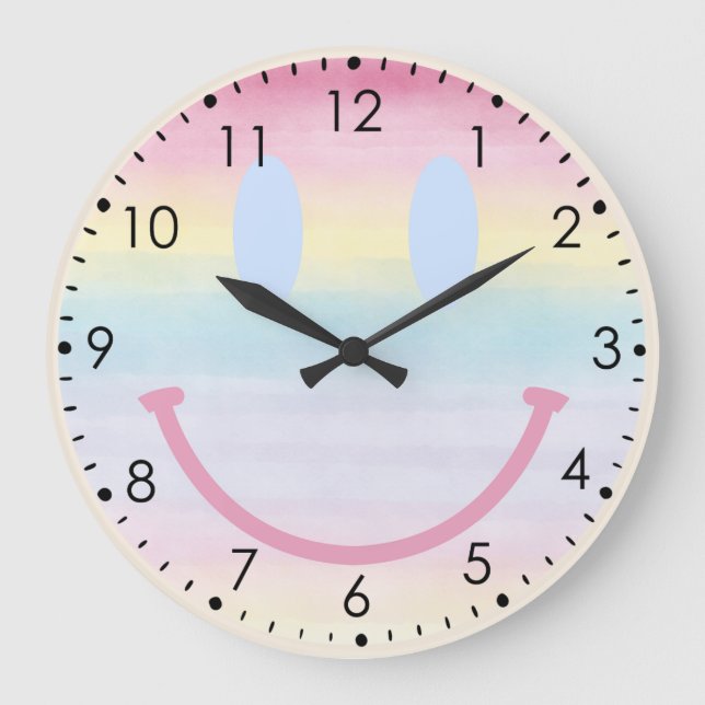 Redondo Grande Acuarela suave Pastel Arcoiris Sonrisa reloj de pa (Anverso)
