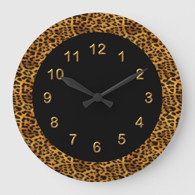 Redondo Grande Animal del estampado leopardo del negro del reloj (Anverso)