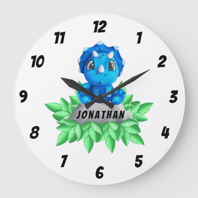 Redondo Grande Baby Blue Triceratops Dinosaur Gran Reloj (Anverso)