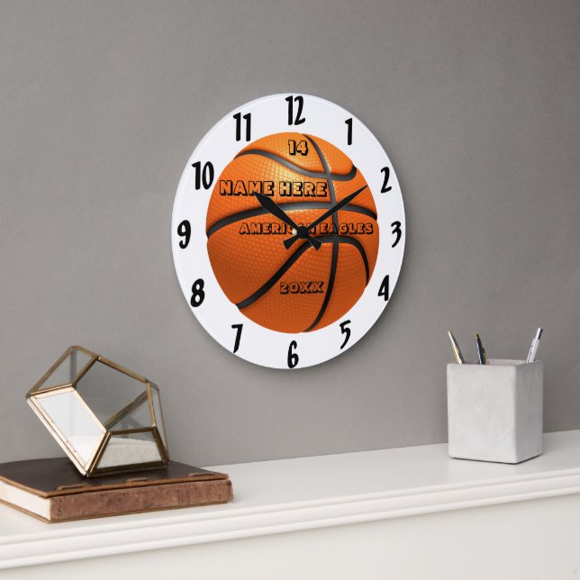 Redondo Grande Baloncesto reloj blanco y negro con nombre del jug (Oficina)