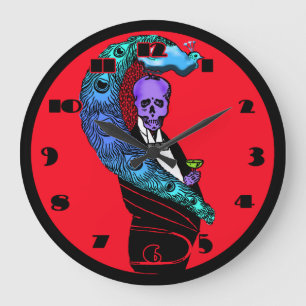 Redondo Grande Calavera loca y reloj rojo pavo real