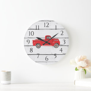 Redondo Grande Camión Rojo Rústico Shiplap Gran Reloj