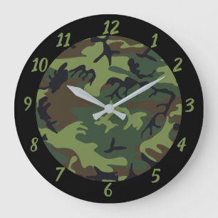 Redondo Grande Camuflaje Verde Negro Tema Militar Gran Reloj