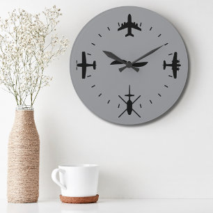 Redondo Grande Cara de reloj con iconos de avión Aviación Piloto 