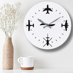 Redondo Grande Cara de reloj con iconos de avión Aviación Piloto 