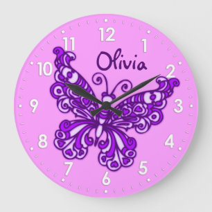 Redondo Grande Chicas morados de mariposa habitación nombre reloj