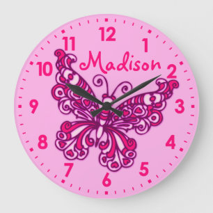 Redondo Grande Chicas rosa mariposa habitación nombre reloj de pa