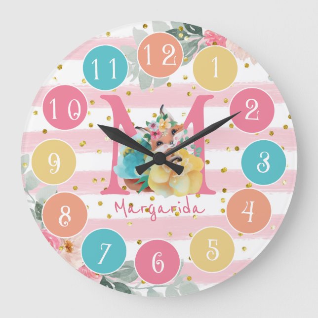 Redondo Grande Cute Fox Ilustracion Sweet Monograma Gran Reloj (Anverso)