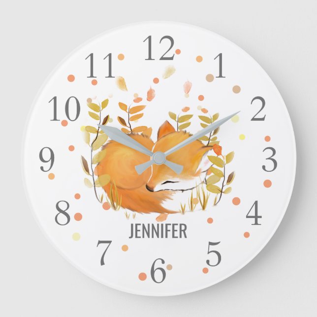 Redondo Grande Cute Sleeping Fox Nursery Decoración Muro Reloj (Anverso)