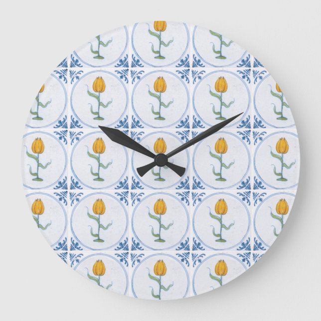 Redondo Grande Delft Tulip Tile Art No Números Reloj (Anverso)