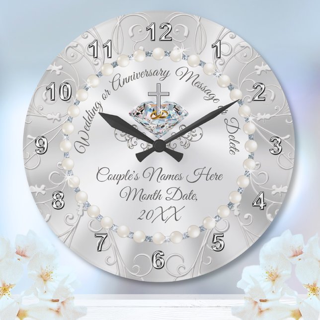 Redondo Grande Diamantes y perlas reloj Boda personalizado (Christian Wedding Gift for Bride and Groom. Christian Anniversary Gifts. Any Year. Christian Clock.)