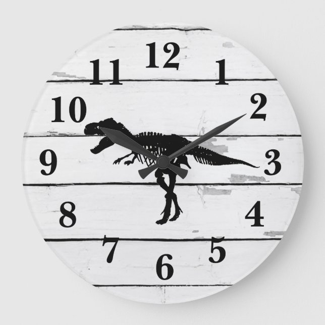 Redondo Grande Dinosaurio Trex Decoran Shiplap Rústico Gran Reloj (Anverso)