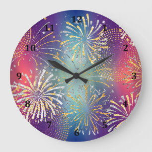 Redondo Grande Diseño de reloj con fuegos artificiales Ilustrado