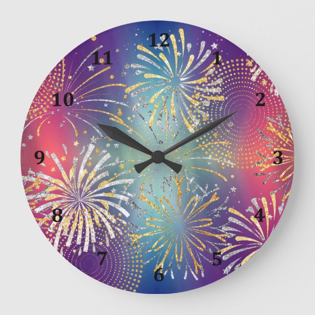 Redondo Grande Diseño de reloj con fuegos artificiales Ilustrado (Anverso)