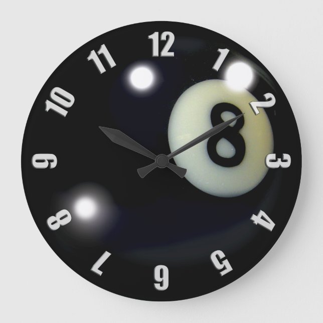 Redondo Grande Diseño de reloj de juego negro de 8 bolas (Anverso)