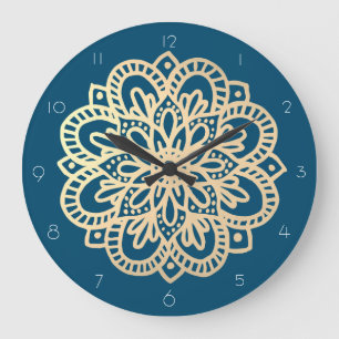 Redondo Grande Elegante reloj azul marino dorado Mandala