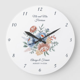 Redondo Grande Elegante reloj de boda acuarela floral personaliza