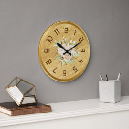 Redondo Grande Elegante Reloj Golden Wall con flores