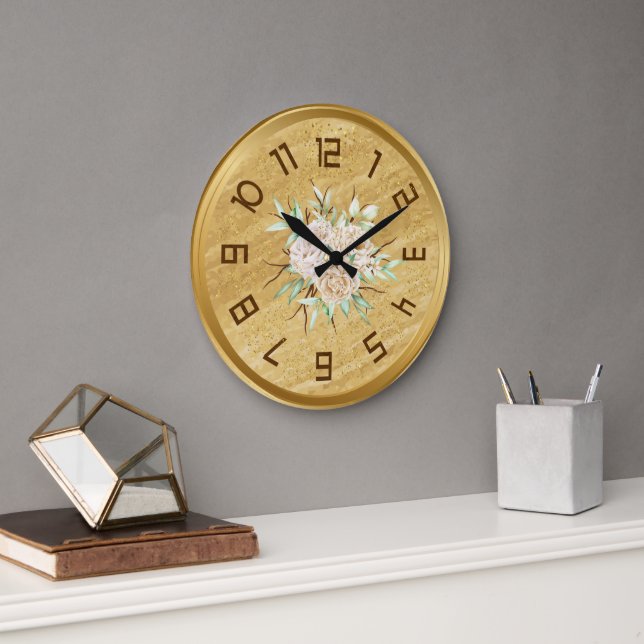 Redondo Grande Elegante Reloj Golden Wall con flores (Oficina)