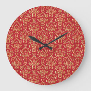 Redondo Grande Elegante rojo con reloj pared Damasco dorado