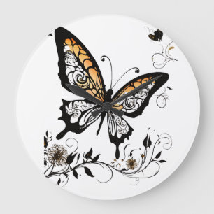 Redondo Grande Estilo de arte tatuaje mariposa elegante - reloj d