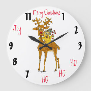 Redondo Grande Feliz Navidad Reindeer Personalizado reloj de pare