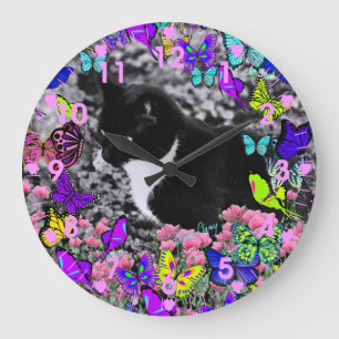 Redondo Grande Filas en mariposas II - Reloj de gato de Tuxedo