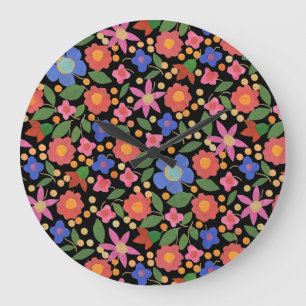 Redondo Grande Floral de estilo de arte folclórico sobre reloj de