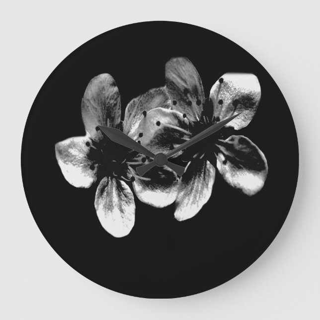 Redondo Grande Flores De Cerezo Negro Y Blanco, Reloj (Anverso)