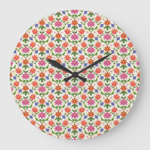 Redondo Grande Flores y puntos de polka en el reloj de la pared c