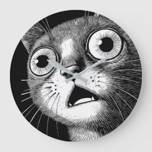 Redondo Grande Gato conmocionado Reloj minimalista blanco y negro