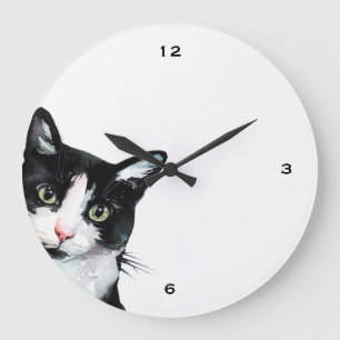 Redondo Grande Gato de Peeking Adorable Reloj negro y blanco