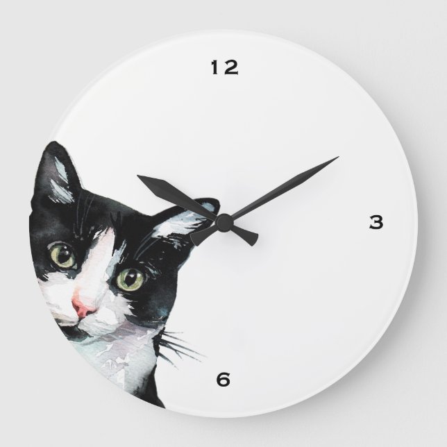 Redondo Grande Gato de Peeking Adorable Reloj negro y blanco (Anverso)