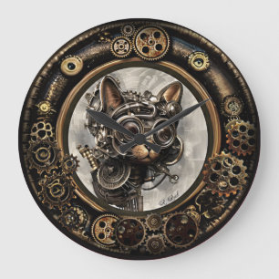 Redondo Grande Gato de vapor con gafas - RELOJ DE MURO