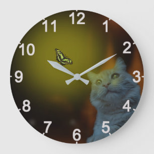Redondo Grande Gato Mesmerizado Por Mariposa, Reloj De Gran Pared