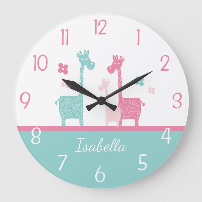 Redondo Grande Giraffe Mint Rosa Aqua Verde azulada reloj de pare (Anverso)