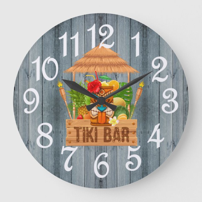 Redondo Grande Gran reloj de la barra de Tiki Rústica gris (Anverso)
