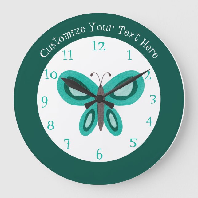 Redondo Grande Gran reloj personalizado de mariposa Verde azulada (Anverso)