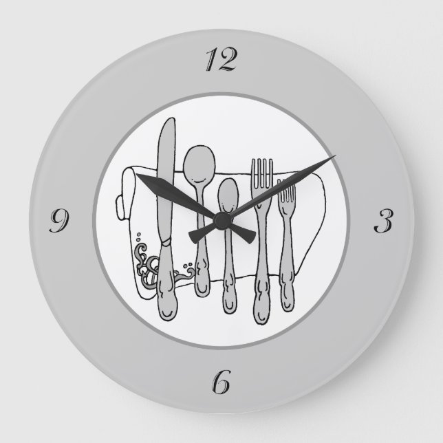 Redondo Grande Gris Silverware White Naping Números simples Reloj (Anverso)
