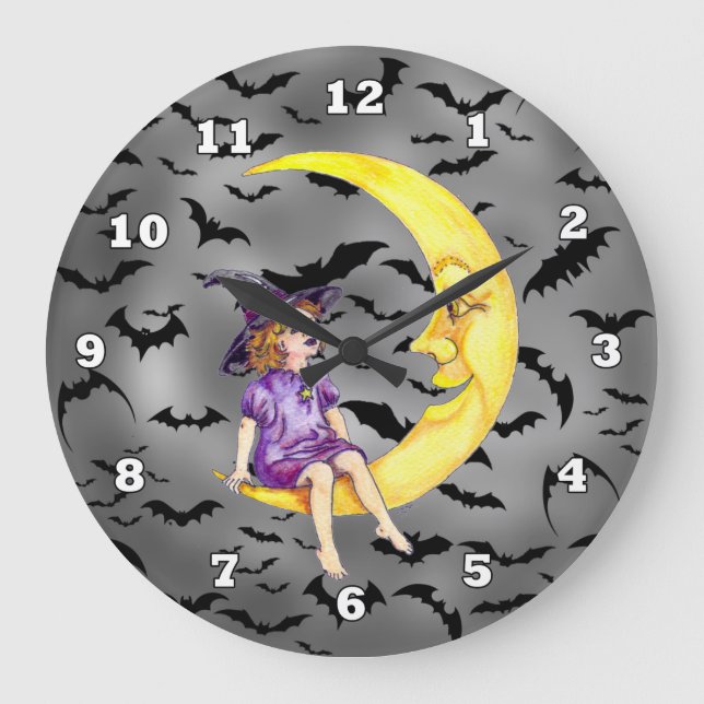 Redondo Grande Halloween Bruja en el reloj de la luna (Anverso)